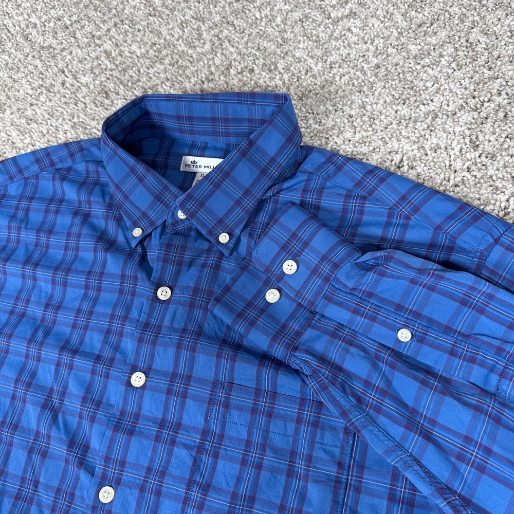 Peter Millar Shirt Mens XL Blue Plaid Performance Long Sleeve Button Up Stretch